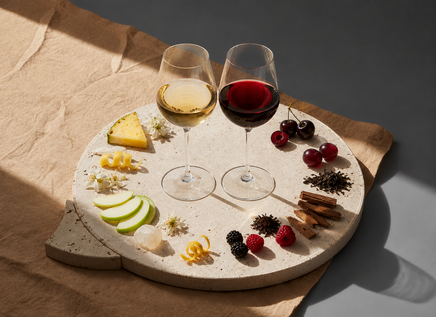 Two glasses of wine on a decorative stone platter with fruits and snacks.