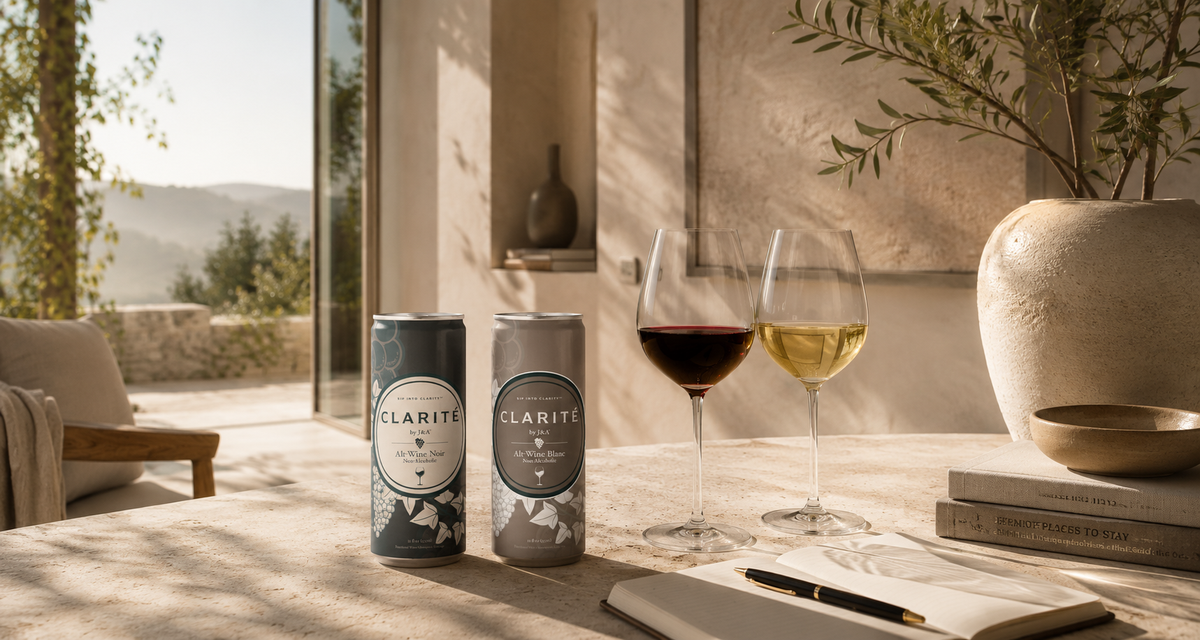 Two cans of Clarite on a table with wine glasses and a notebook in a scenic outdoor setting.