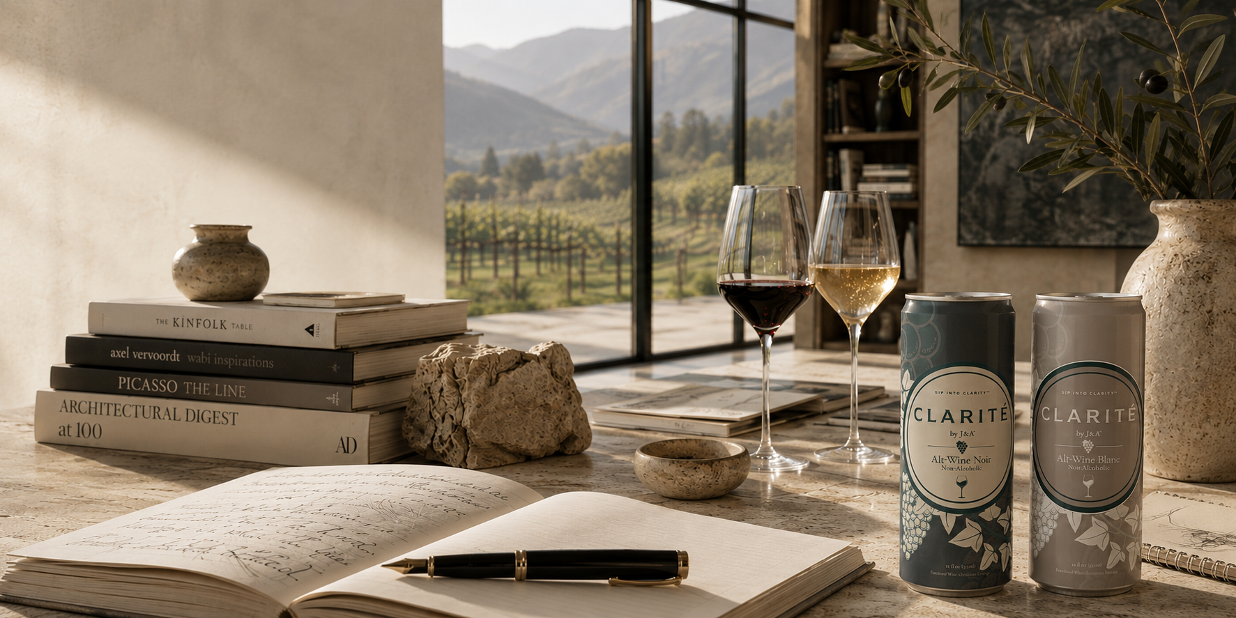 Table setting with wine glasses, books, and 'Clarite' cans in a homey interior.