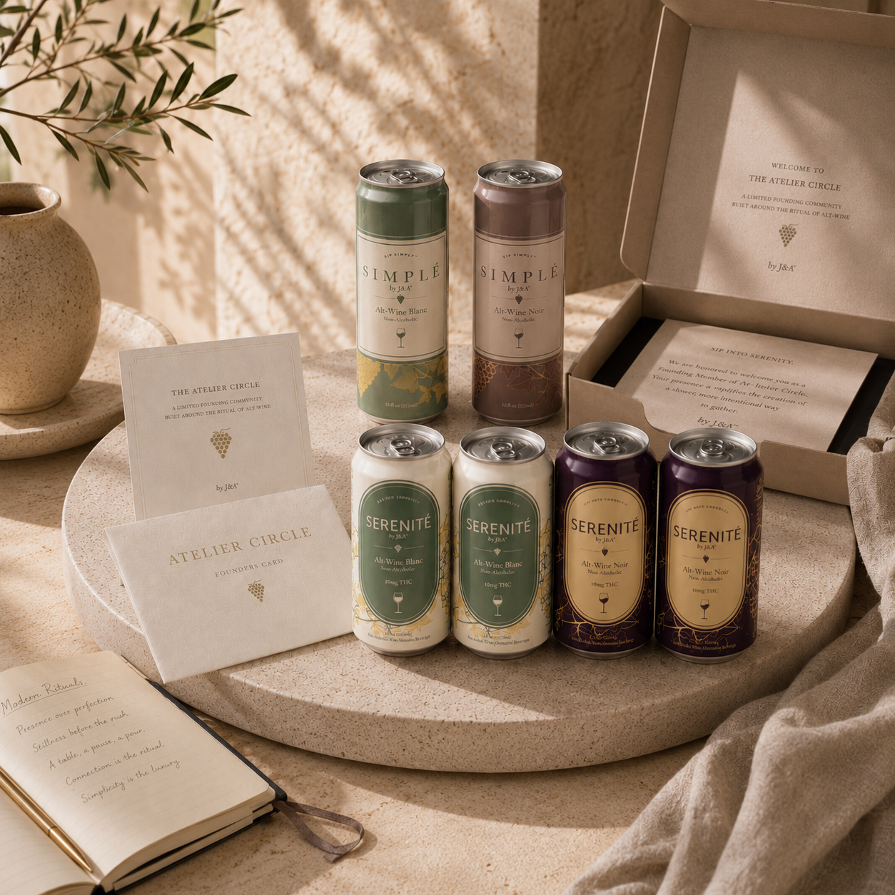 Collection of 'Simple' and 'Serenite' products on a wooden surface with a plant and open book in the background.
