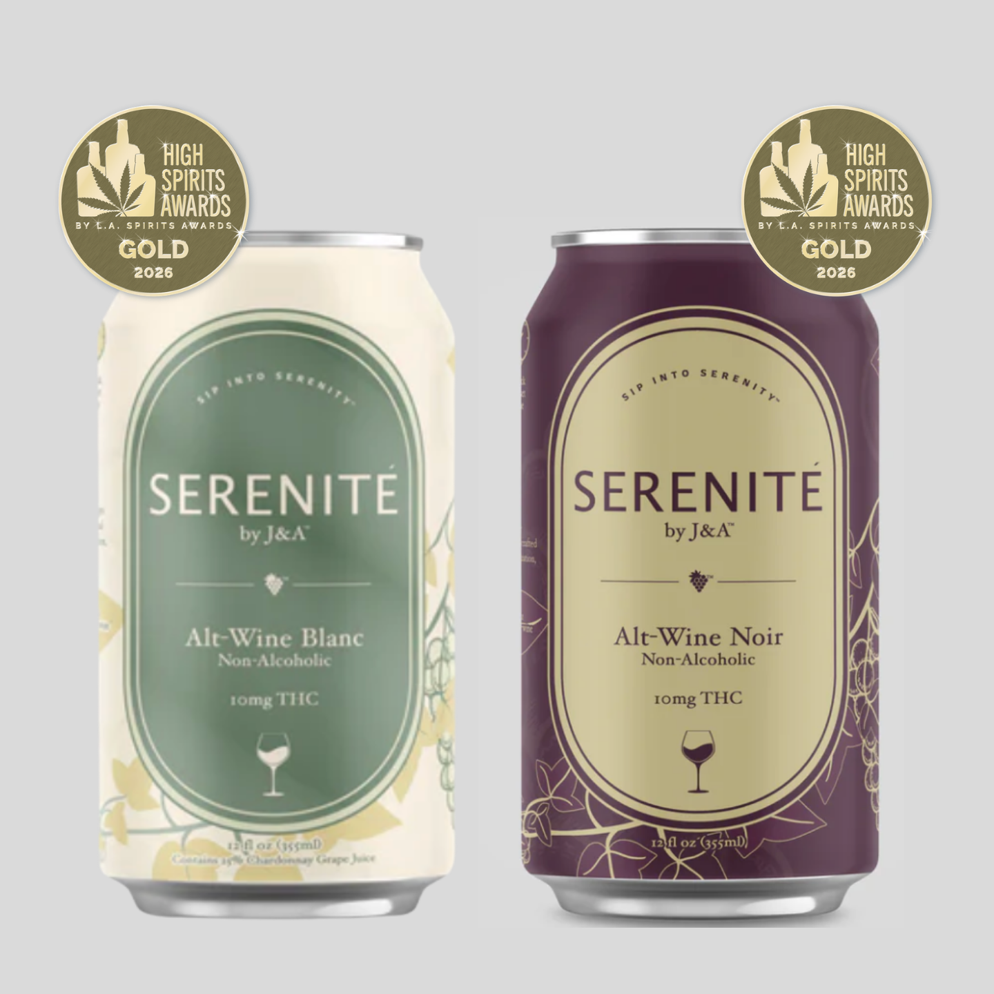 Serenité Blanc and Noir THC-infused alt wine cans, 10mg hemp-derived THC