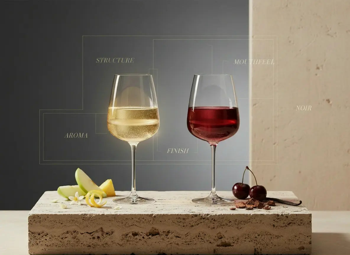 Blanc and Noir wine glasses showing alt wine aroma, mouthfeel and structure by J&A Atelier